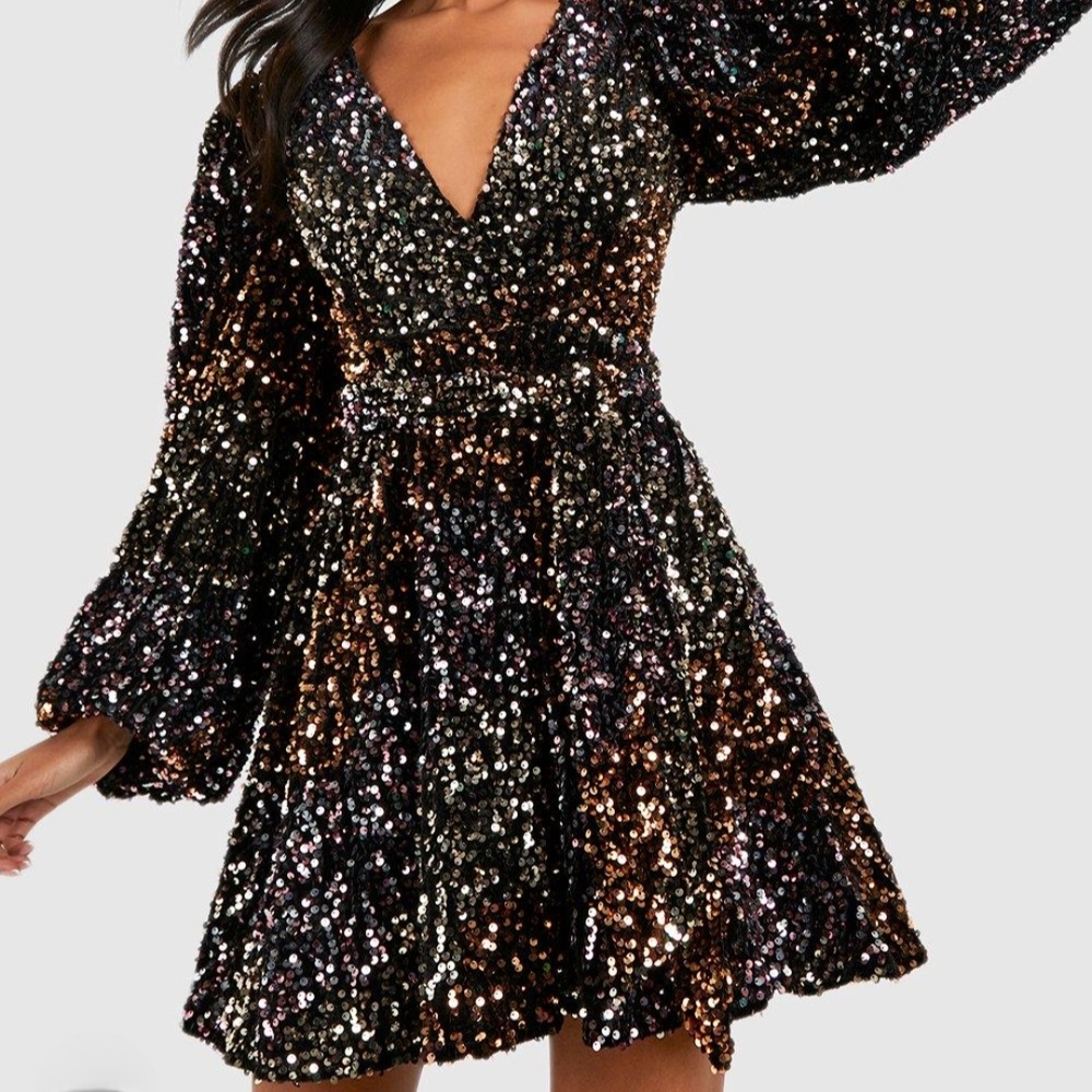Southern Fried Chics Gold Long Sleeve Sequin Dress